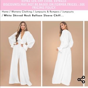 White Shirred Neck Balloon Sleeve Chiffon Jumpsuit